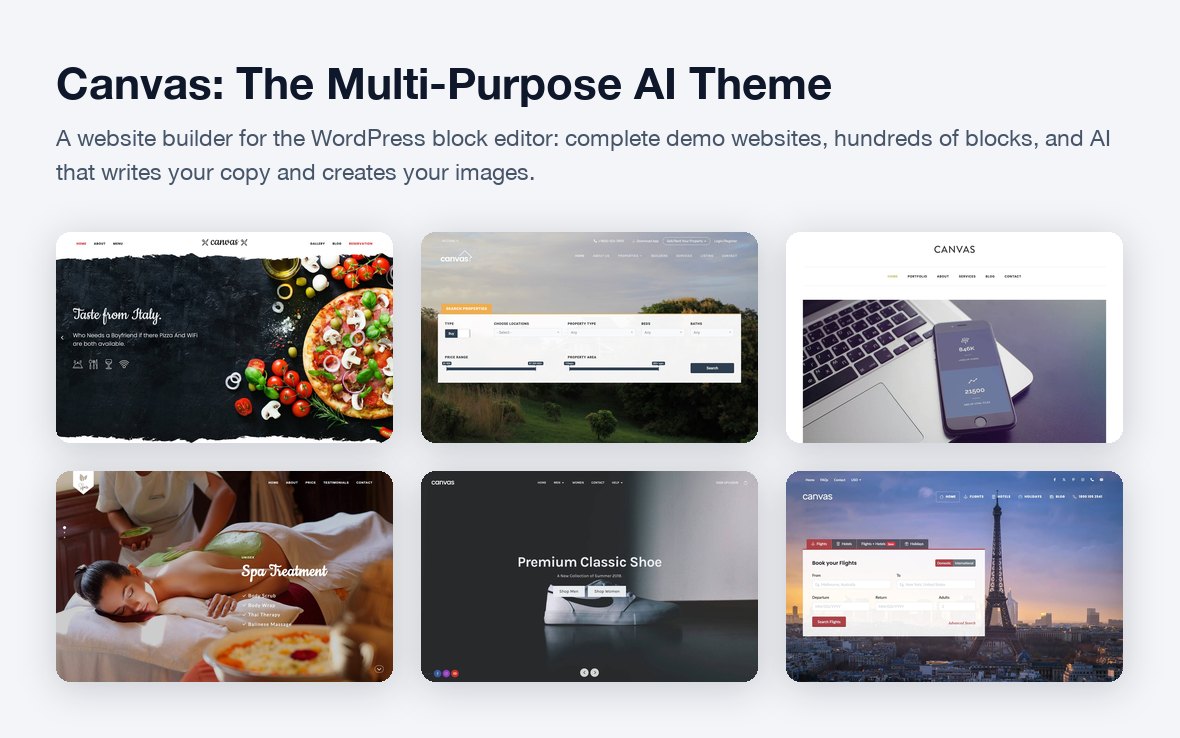 Canvas, the multi-purpose AI theme and website builder: six demo websites built with the block editor