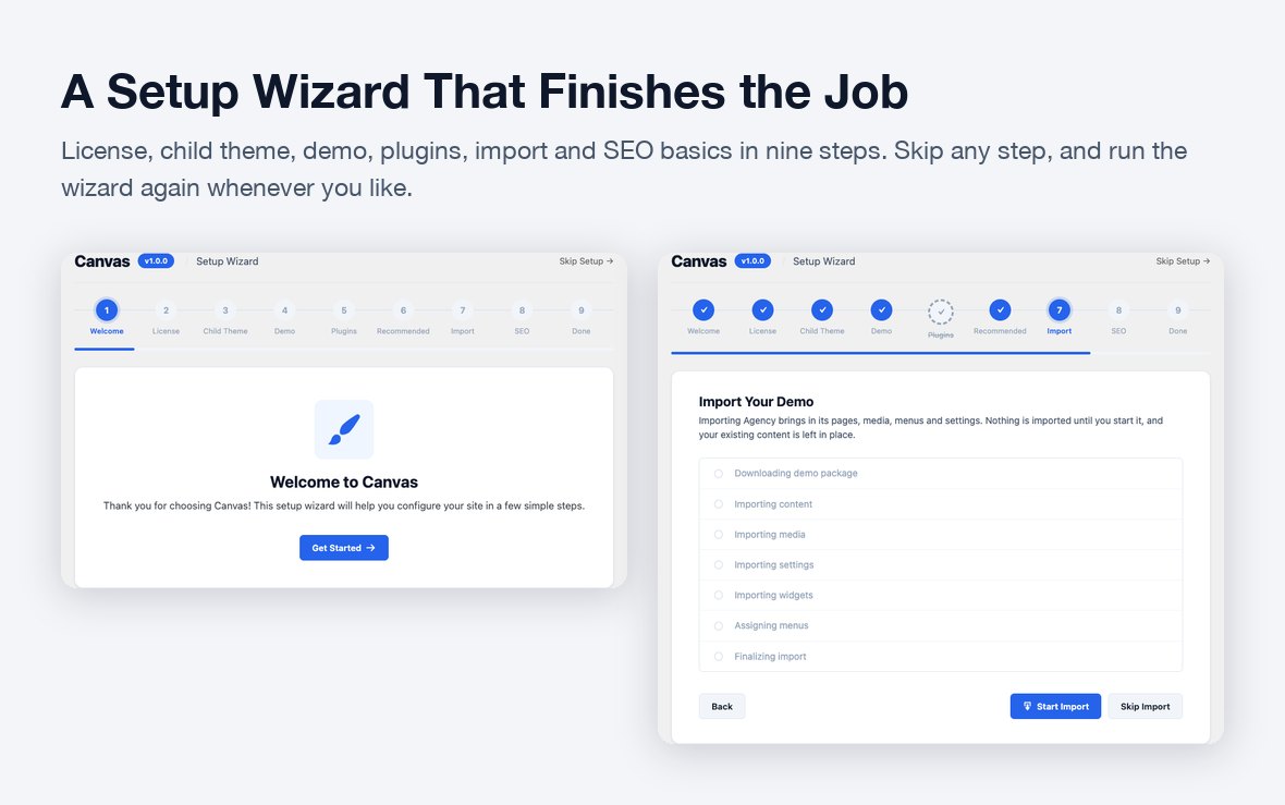 The Canvas Setup Wizard welcome and import steps
