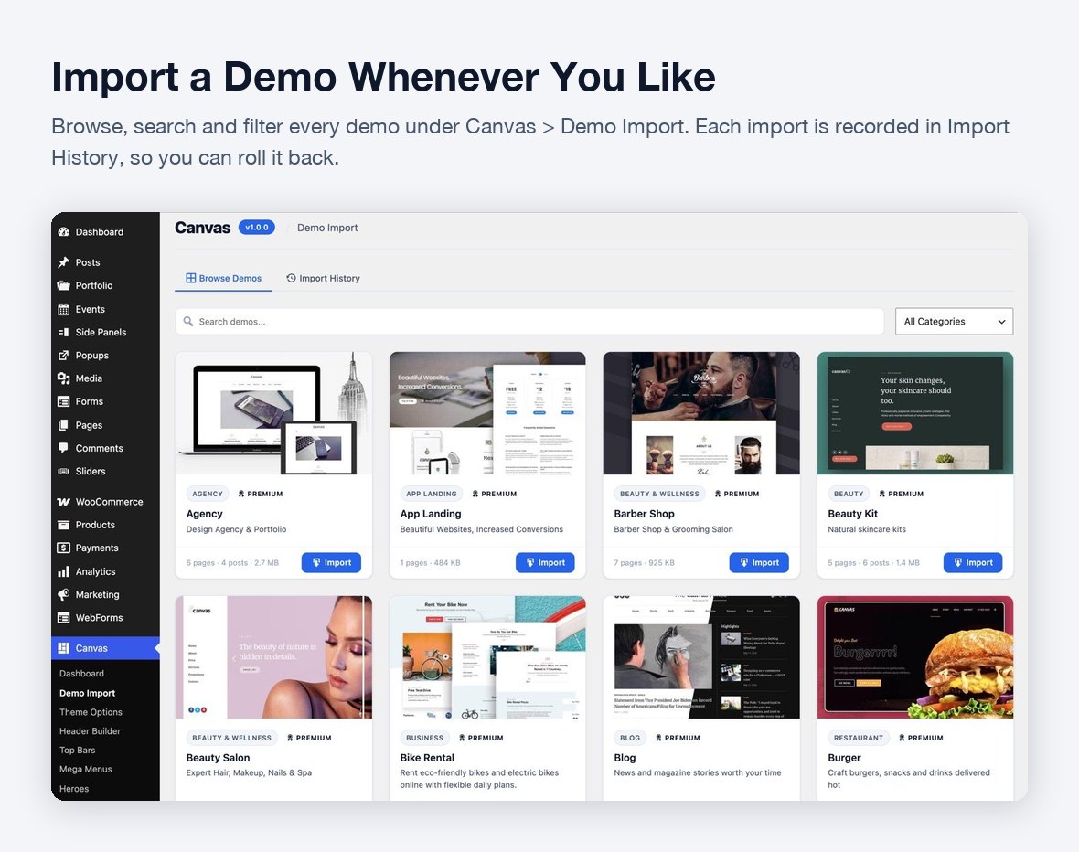 Canvas Demo Import screen in the WordPress admin