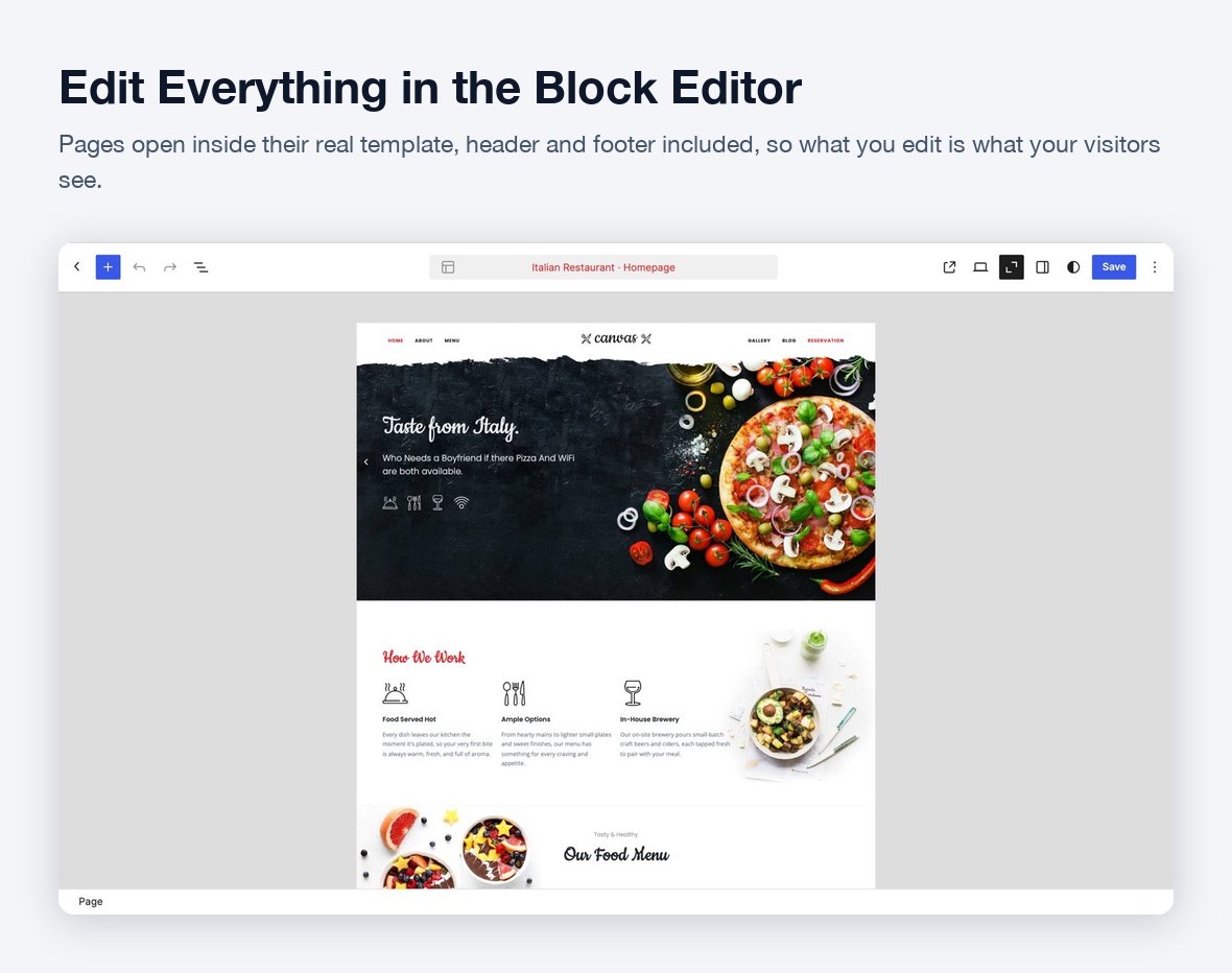 A Canvas page open in the WordPress block editor