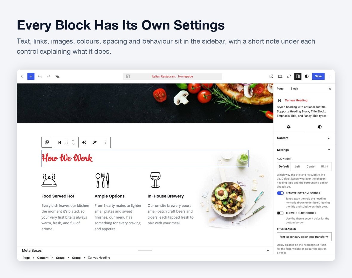 Canvas Heading block settings in the editor sidebar