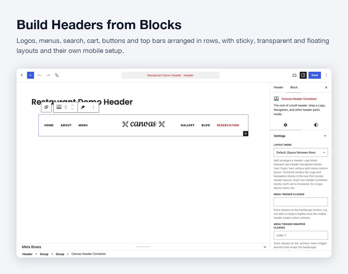 Canvas header builder in the block editor