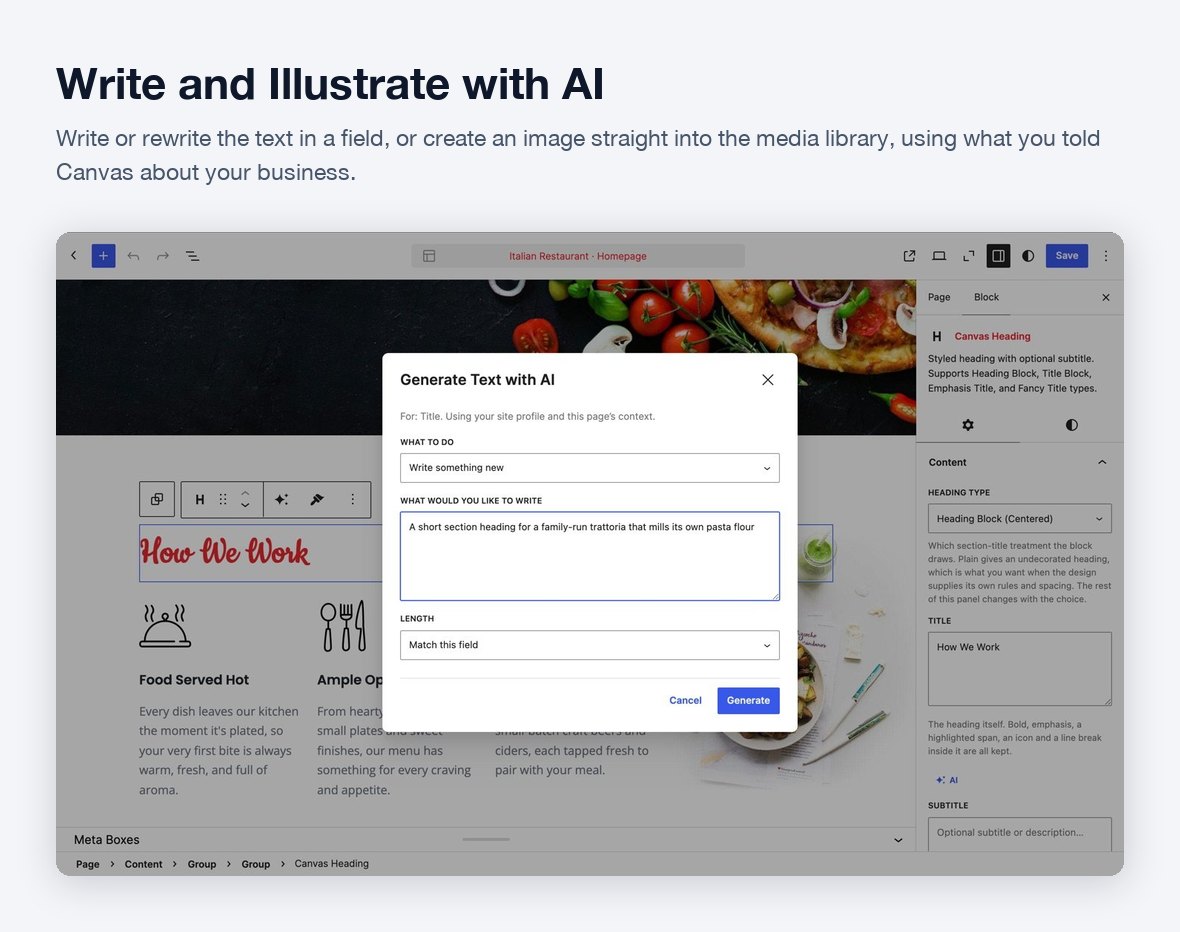 Generate Text with AI dialog on a Canvas Heading block