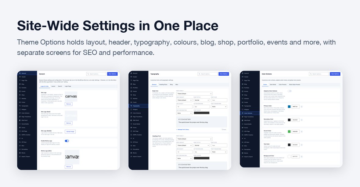 Canvas Theme Options: General, Typography and Color Scheme tabs