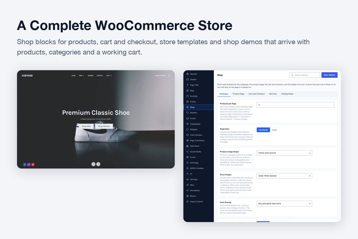 A Canvas shop demo and the Shop tab of Theme Options