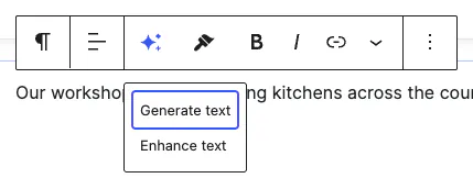 The block toolbar with an AI button open on Generate text and Enhance text