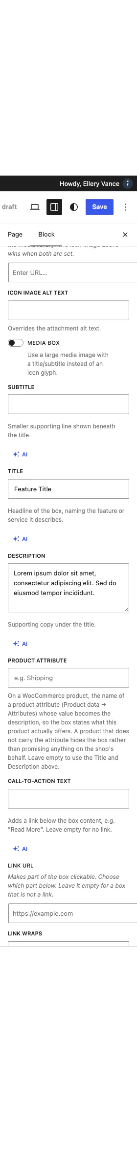 A block settings panel with an AI button under the subtitle, title and description fields