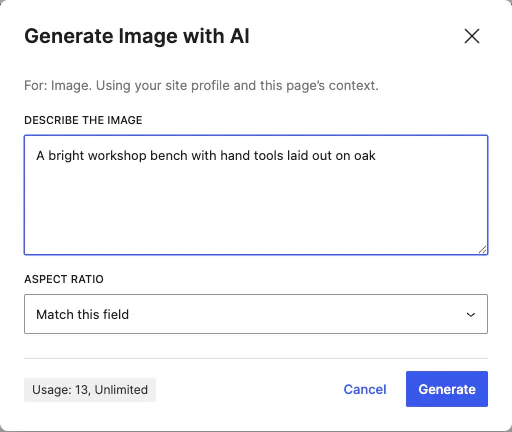 The Generate Image with AI dialog with a description and an aspect ratio setting