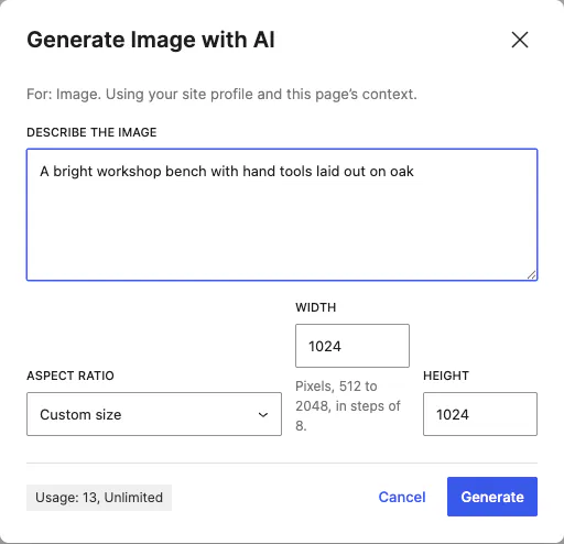 The image dialog switched to a custom size with width and height fields
