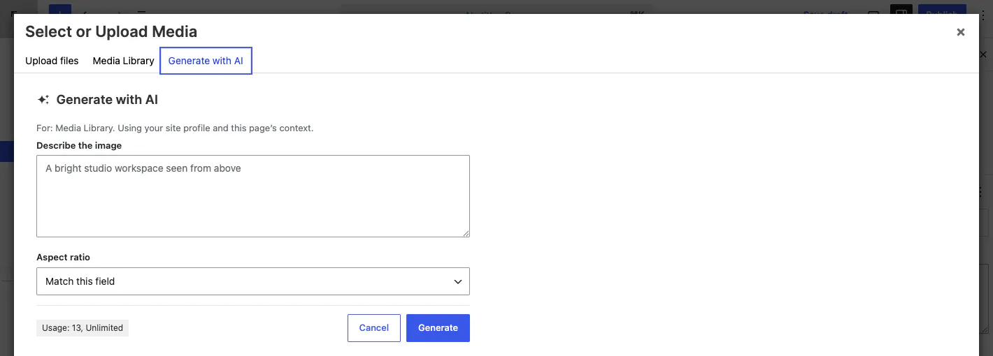 The WordPress media dialog with a third tab called Generate with AI