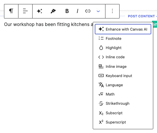 The formatting menu of a paragraph showing Enhance with Canvas AI at the top