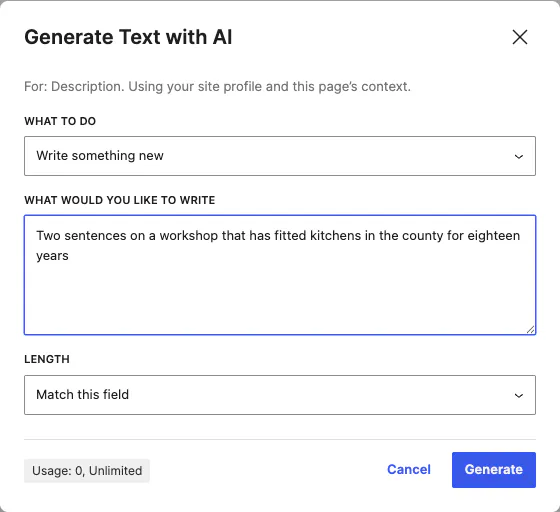 The Generate Text with AI dialog with a prompt and a length setting