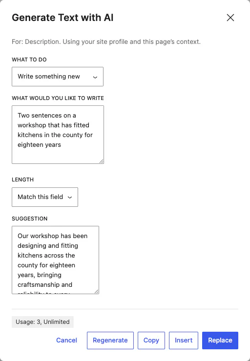 The same dialog showing a suggestion with Regenerate, Copy, Insert and Replace buttons