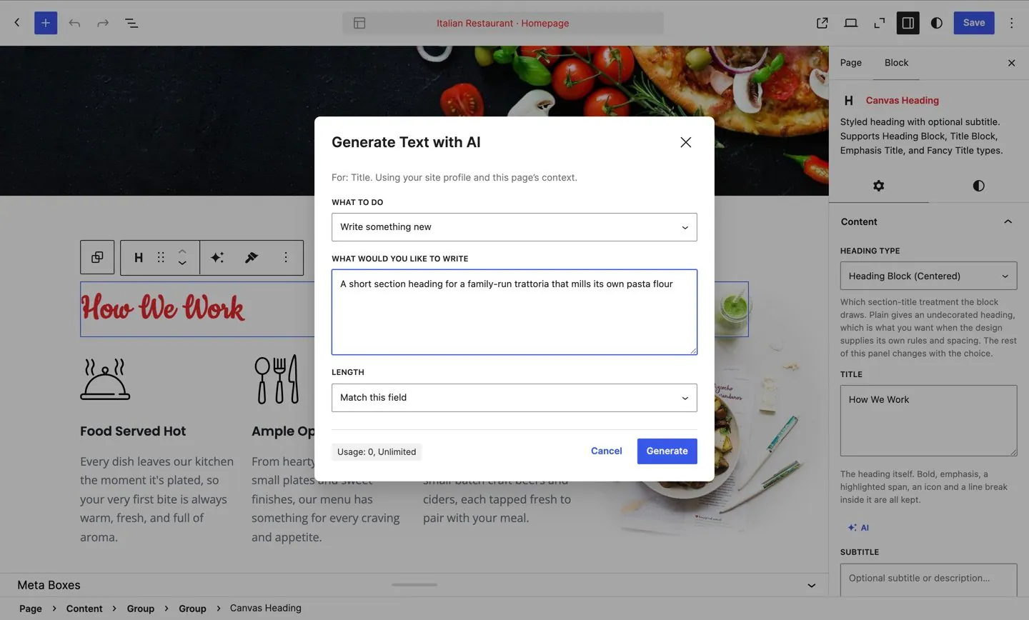 The Generate Text with AI dialog open over the block editor, with a prompt field, a length setting and Cancel and Generate buttons