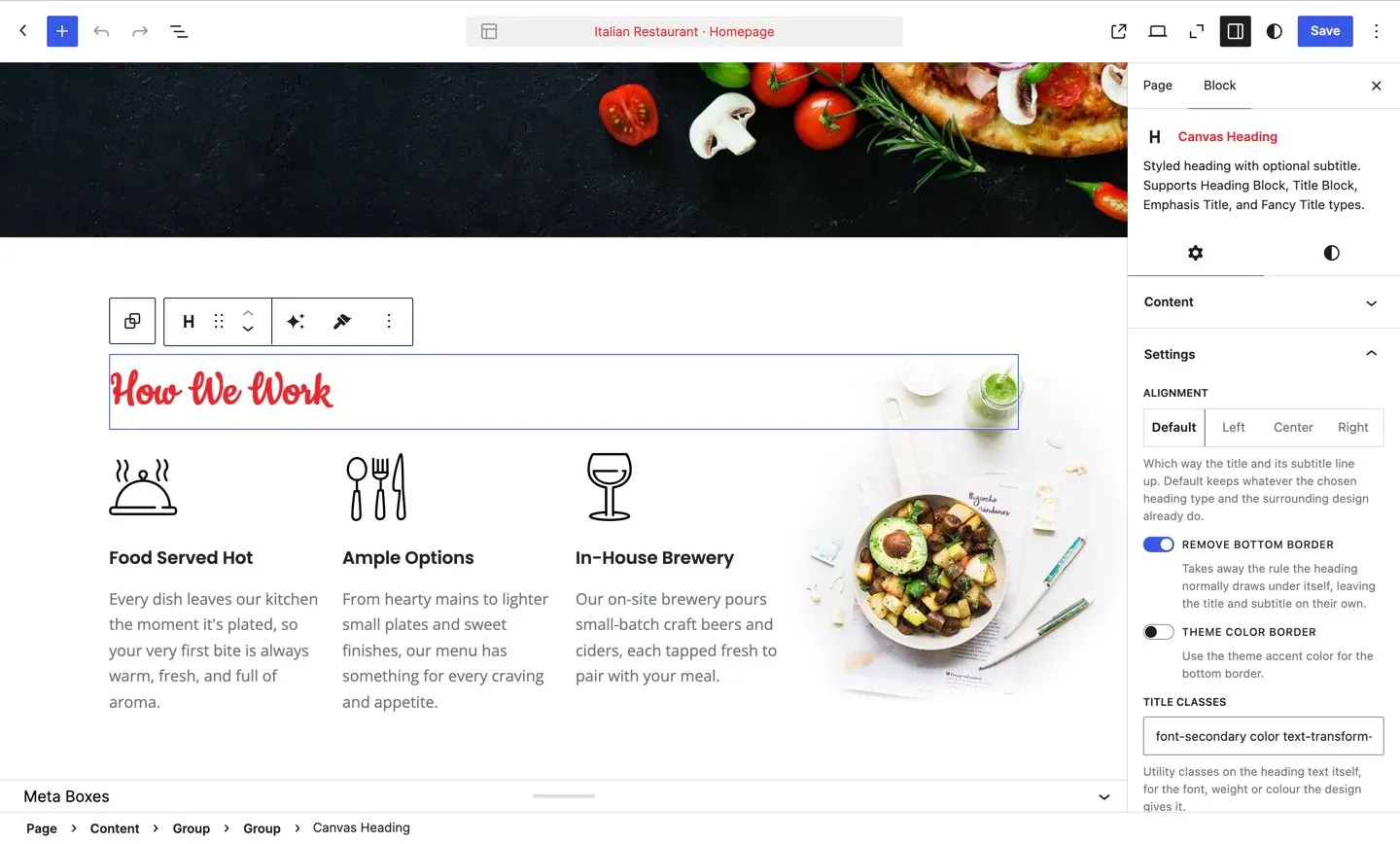 A Canvas block selected in the WordPress editor with its settings panels open in the sidebar