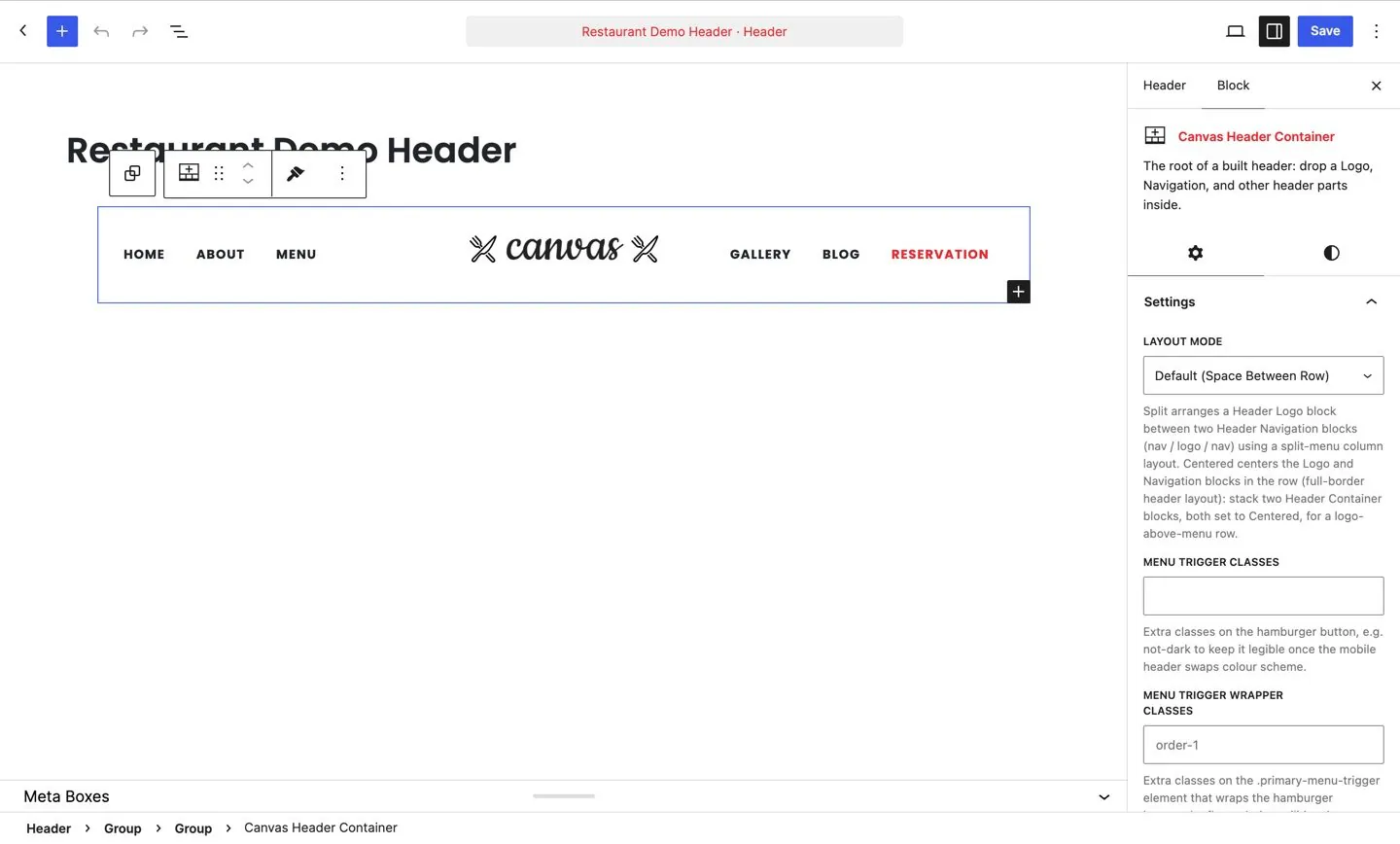 The Canvas Header Builder editing a header made of logo, navigation and button blocks