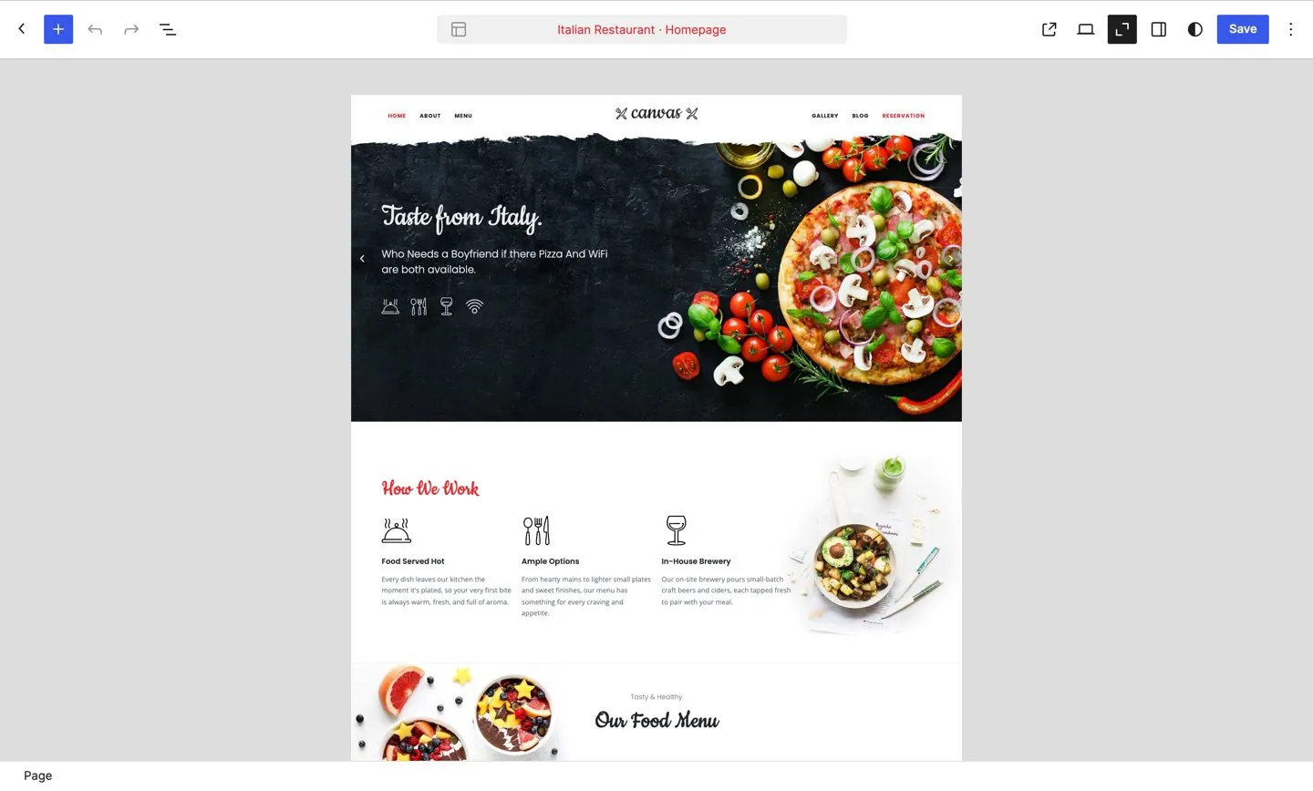 A page open in the WordPress block editor with the Canvas header, page title band and footer rendered around the content in the canvas