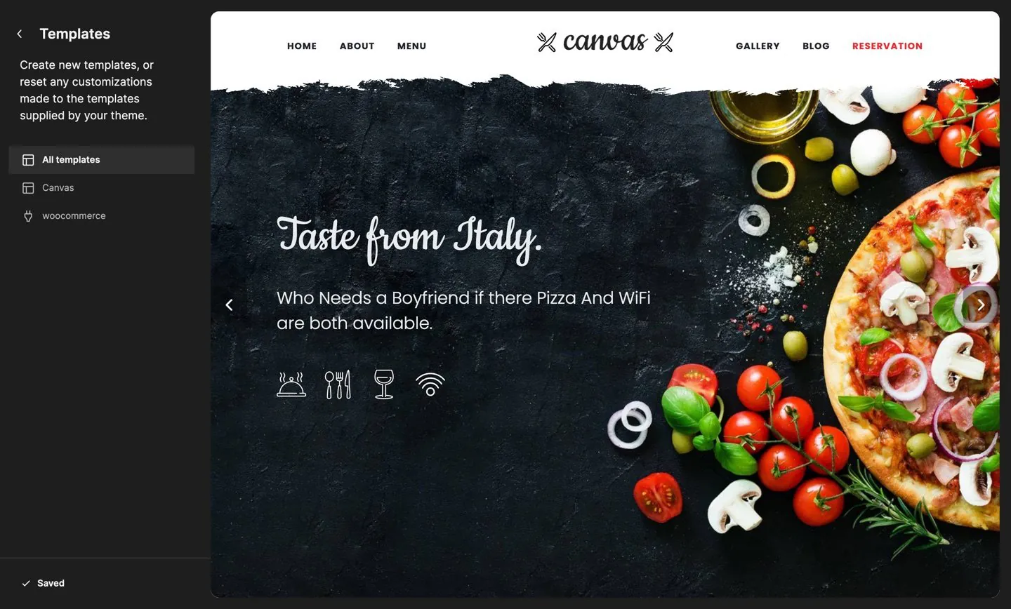 The WordPress Site Editor showing a Canvas block template