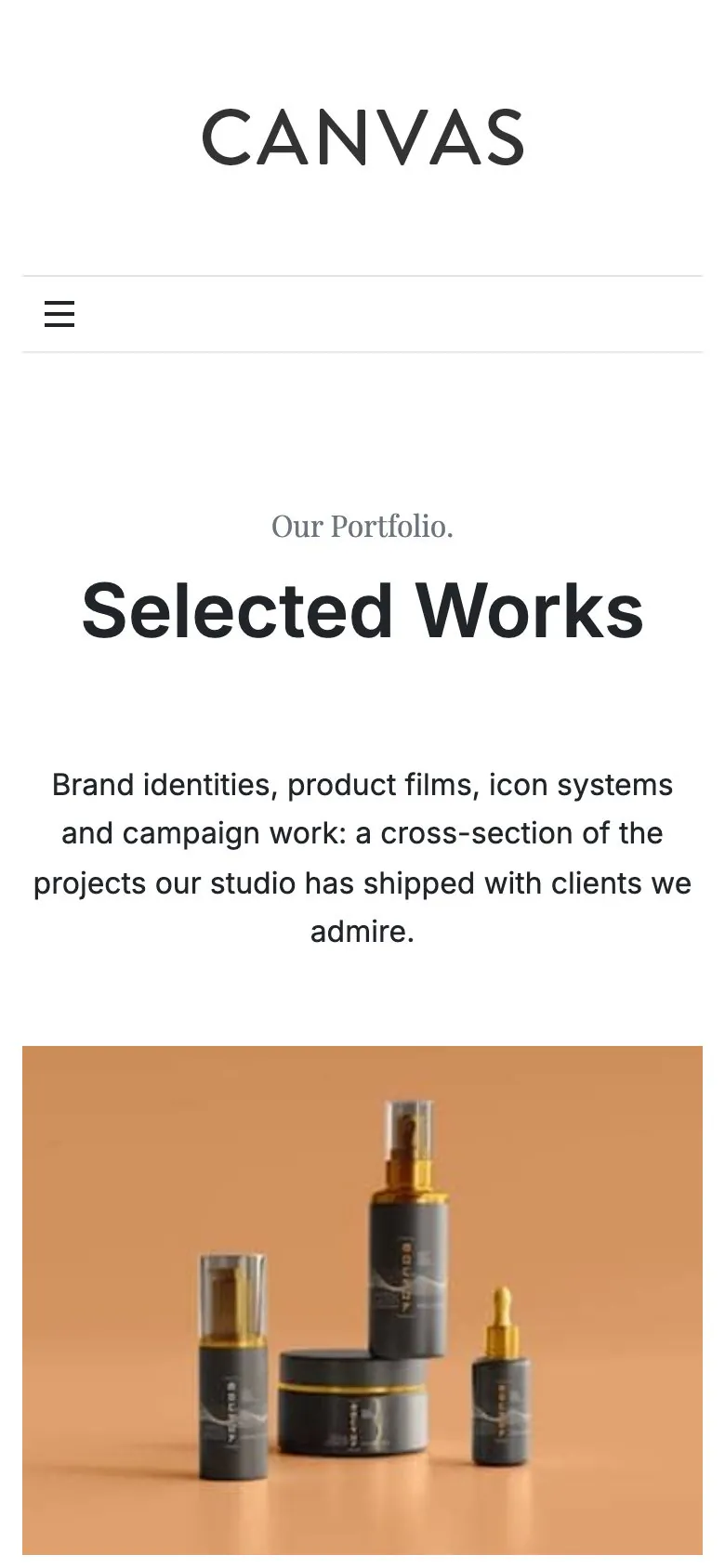 The Agency demo portfolio page on a phone, showing the Selected Works heading and the first project
