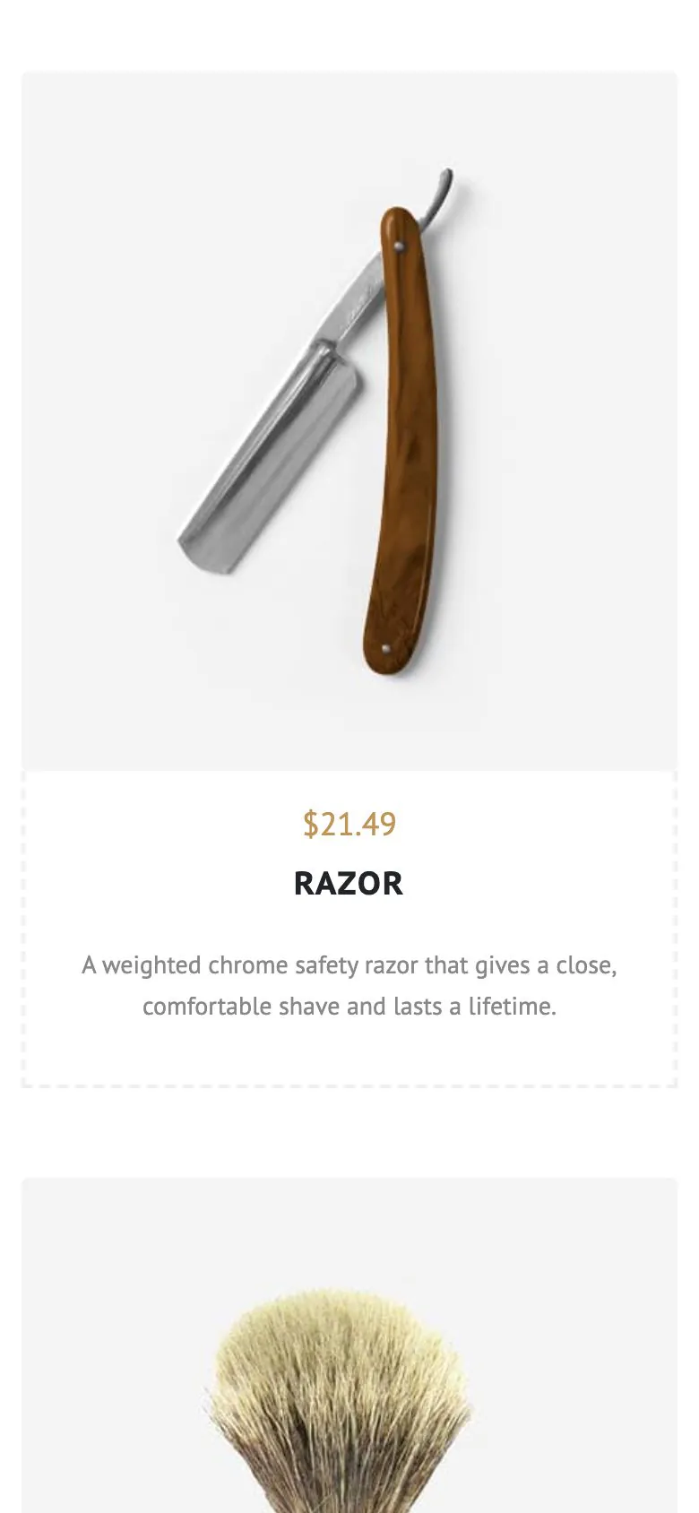 The Barber Shop demo products page on a phone, showing a razor with its price and description