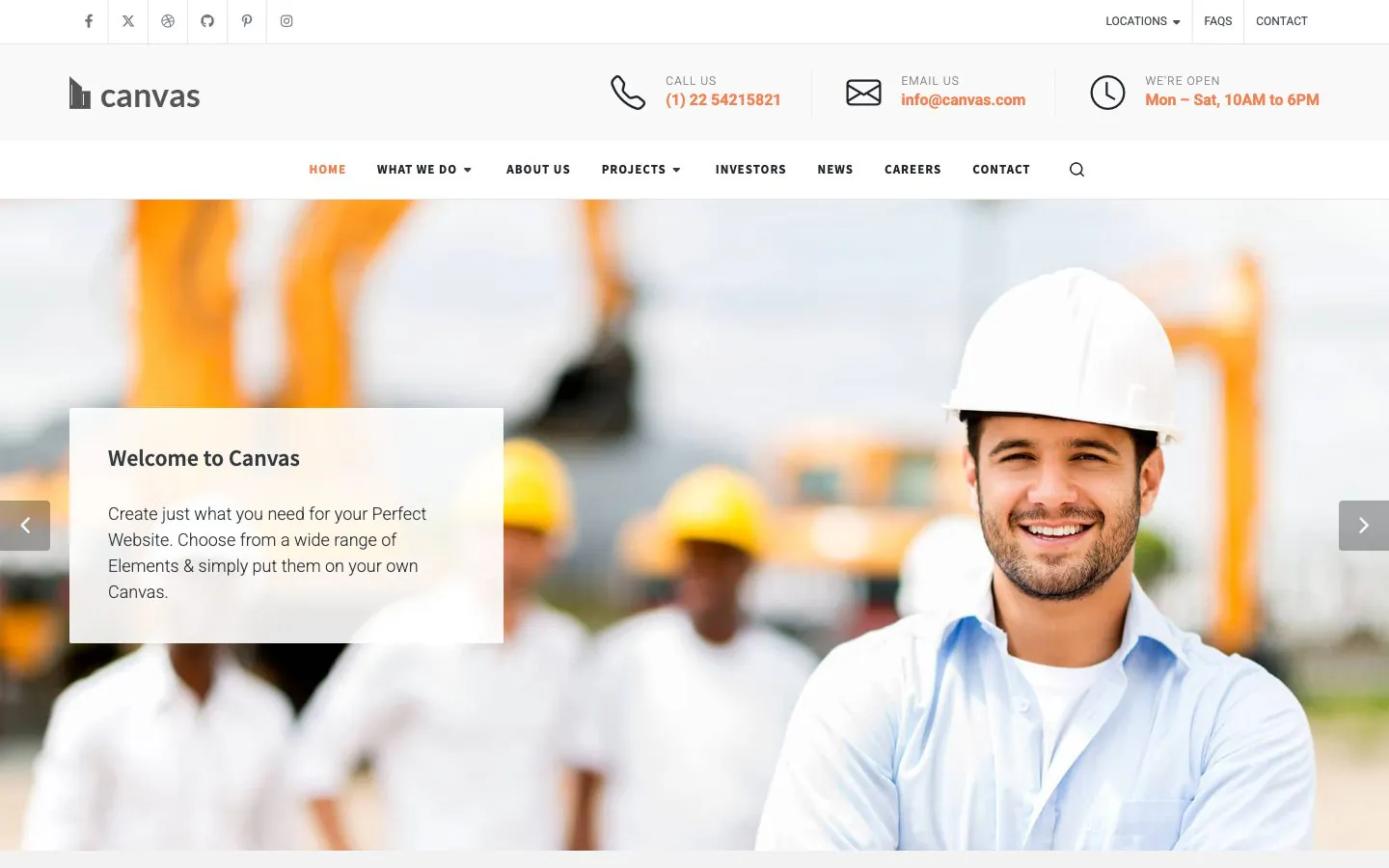 The Construction demo home page, with the contact top bar, the main menu and the home slider