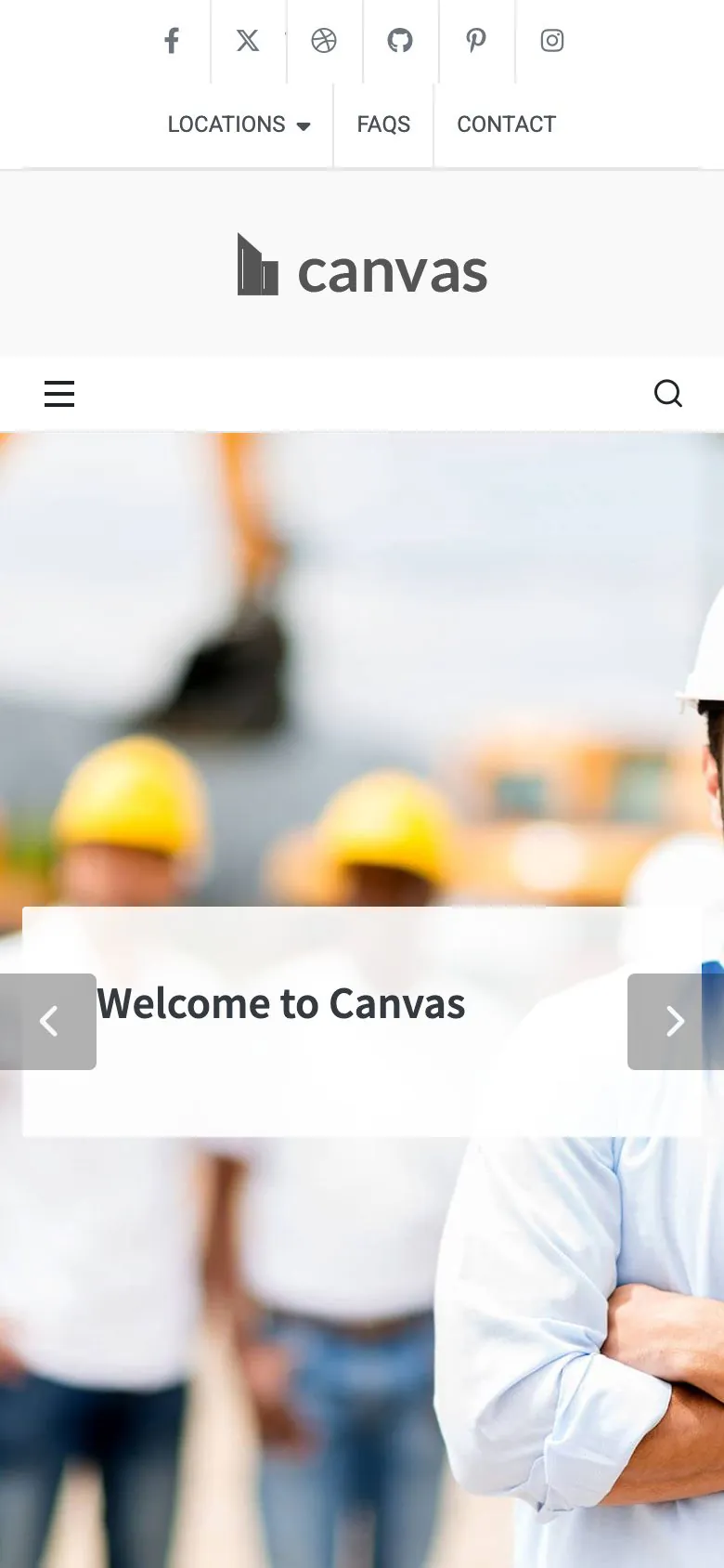 The Construction demo home page on a phone, showing the top bar links and the home slider