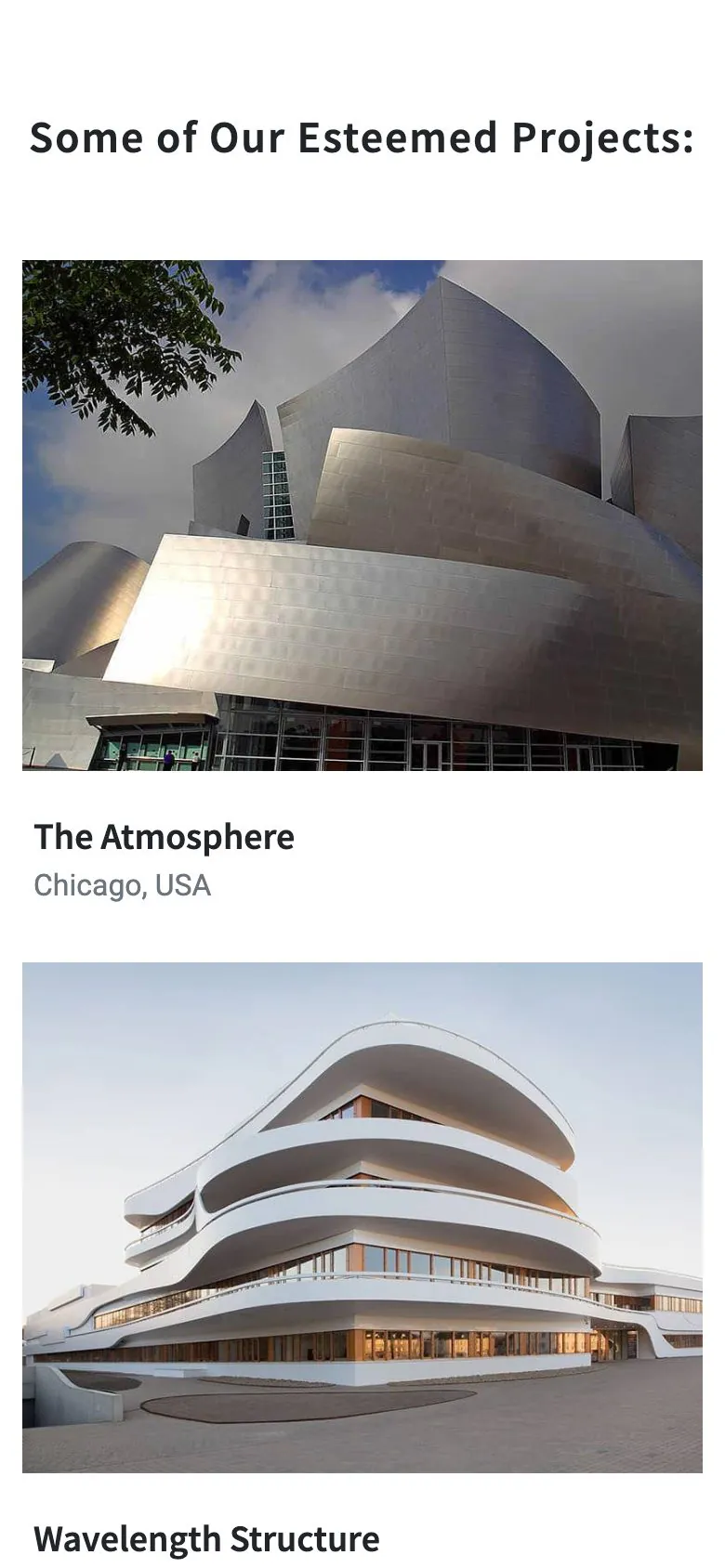 The Projects page of the Construction demo on a phone, listing projects with their name and location