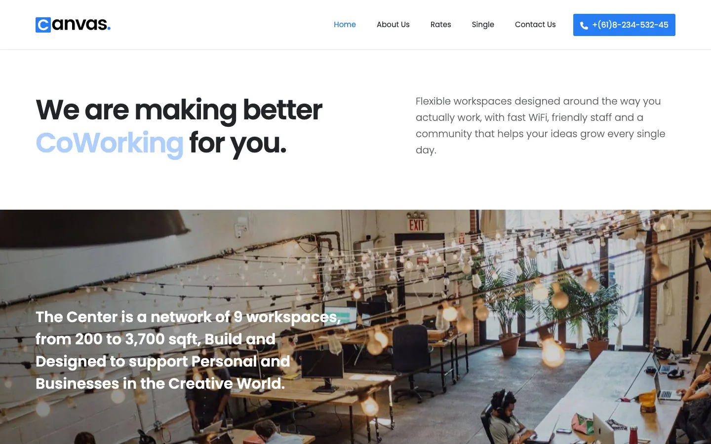 The Coworking demo home page as a visitor sees it, with the menu, the headline and a photograph of the workspace