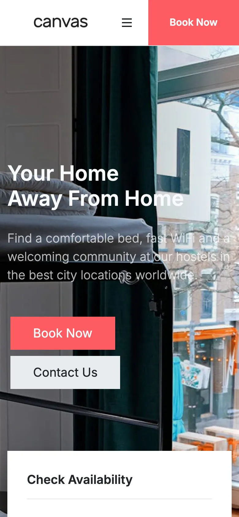 The Hostel demo home page on a phone, with the video hero, the booking call to action and the start of the availability form