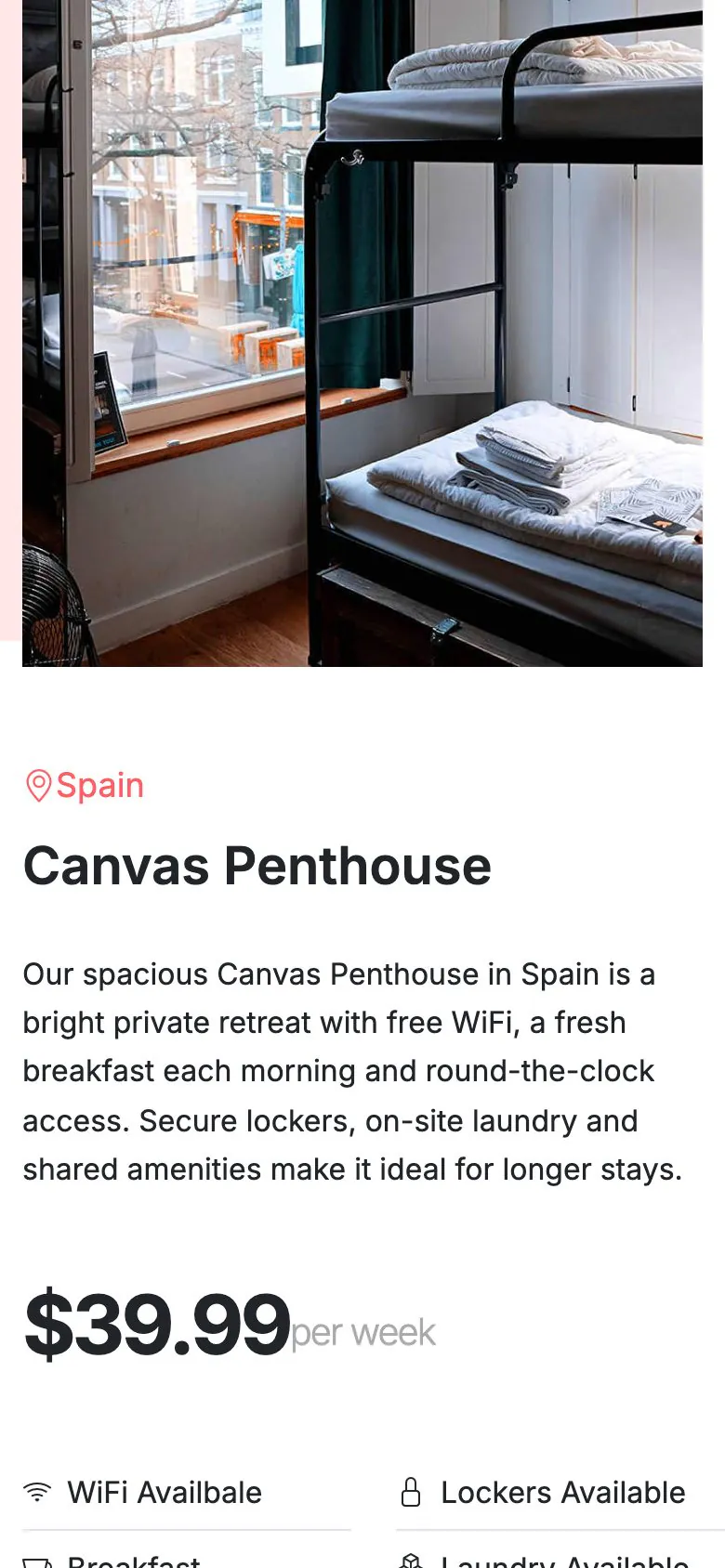 A room record on the Hostel demo Tour page on a phone, showing the photo, city, weekly price and amenity list