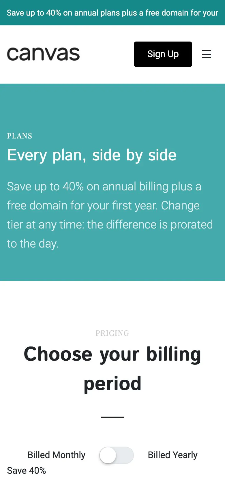 The Hosting demo Plans page on a phone, showing the monthly and yearly billing switcher above the plan table