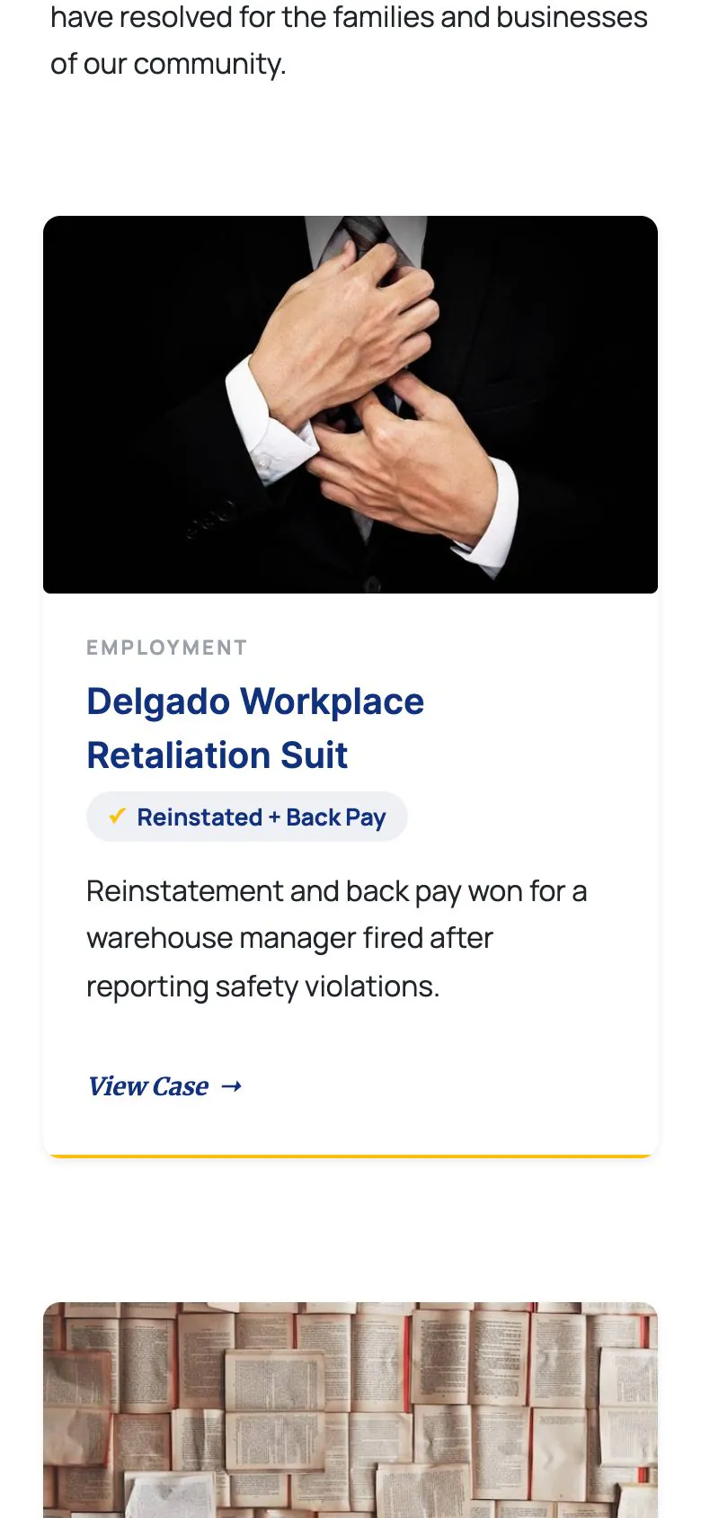 The Recent Cases page of the law firm demo on a phone, showing a case card with its practice area, title and outcome