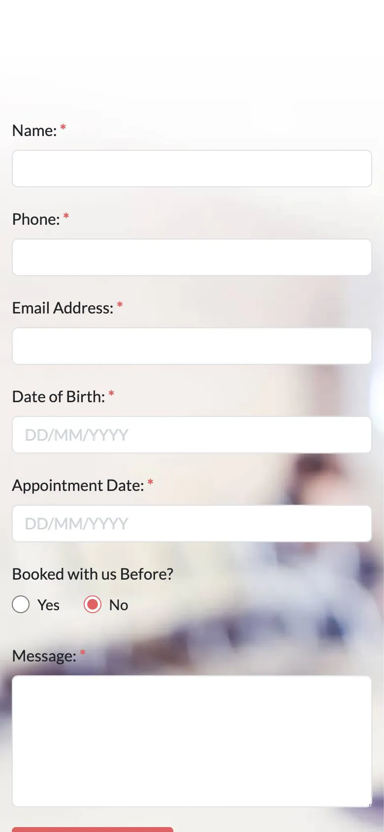 The Medical demo appointment form on a phone, with name, phone, email, date of birth and appointment date fields