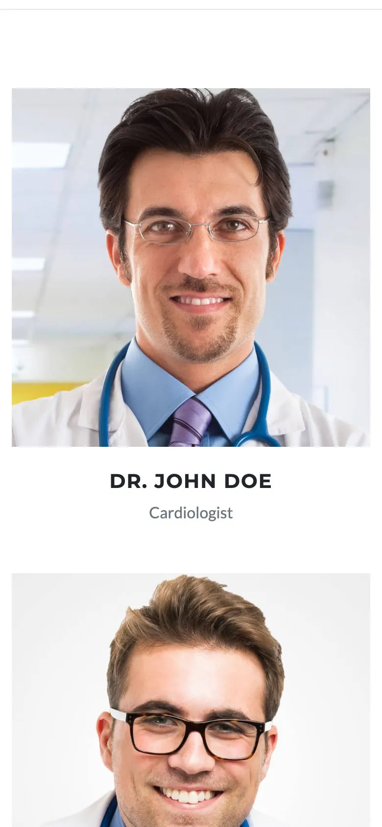 The Medical demo doctors page on a phone, showing a doctor card with a photo, name and specialty
