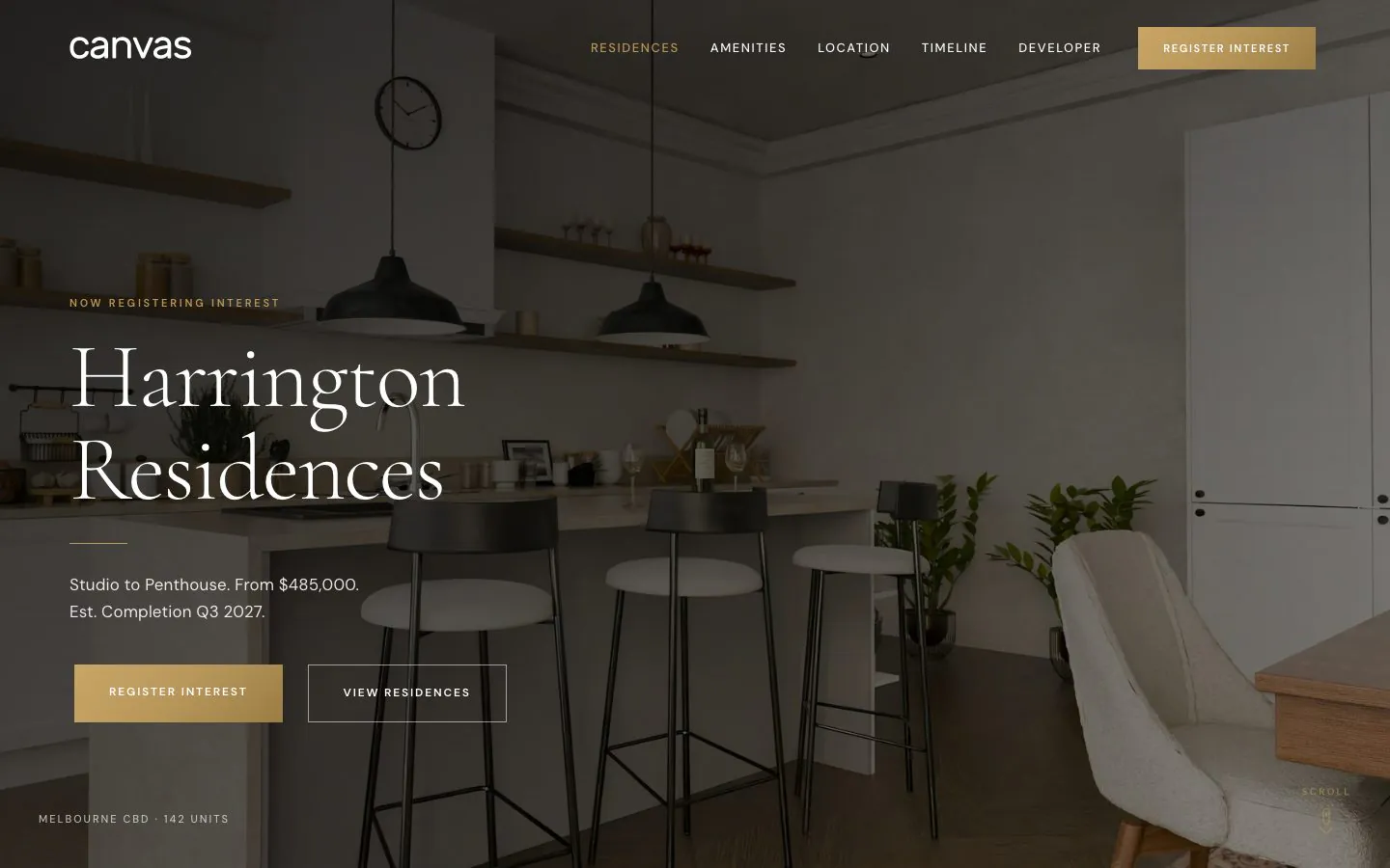 The Harrington Residences demo home page, an apartment development with one-page navigation
