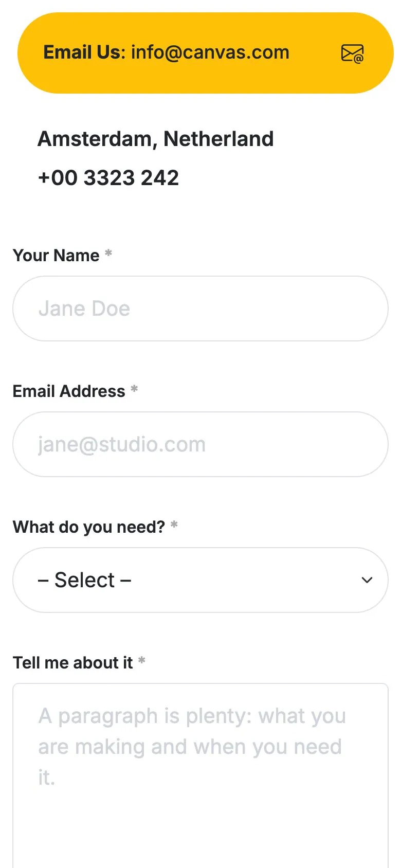 The Olivia Chambliss demo contact form on a phone, with name, email, a project type list and a message field