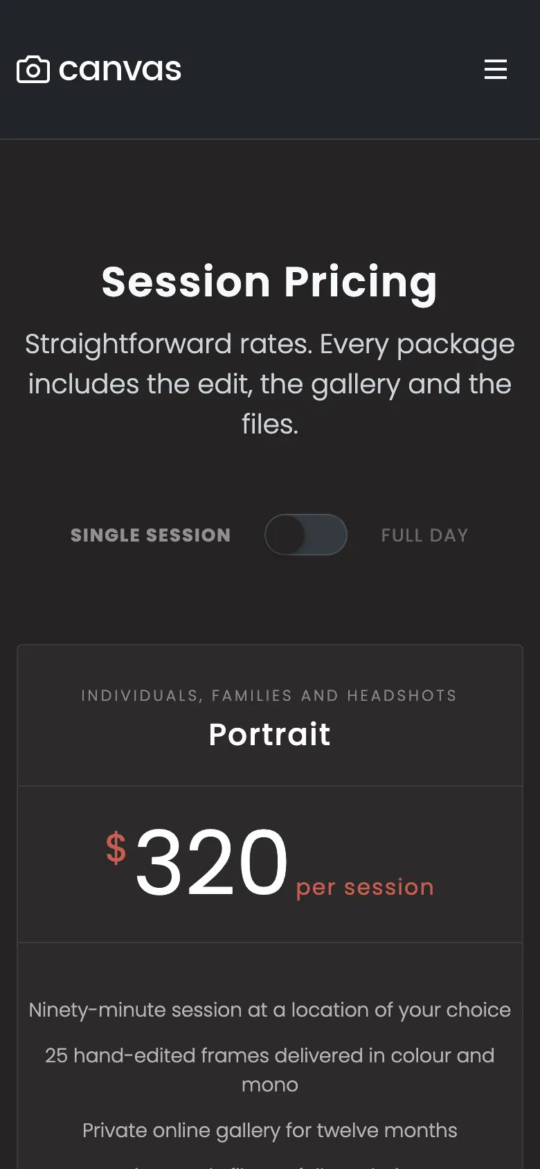 The Photography demo pricing page on a phone, showing the session switcher and the Portrait package
