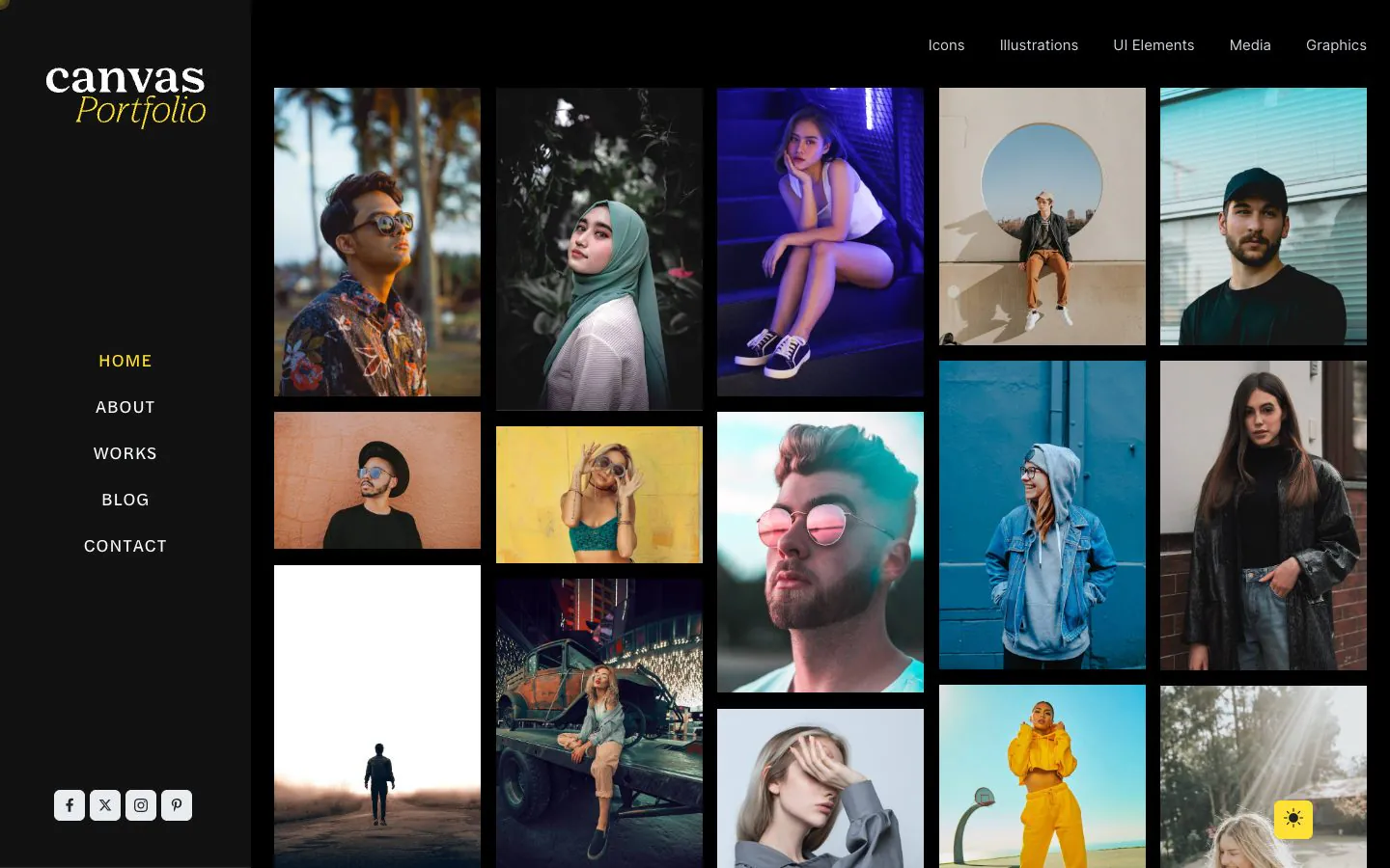The Portfolio demo home page as a visitor sees it, with the category filter above the grid of projects