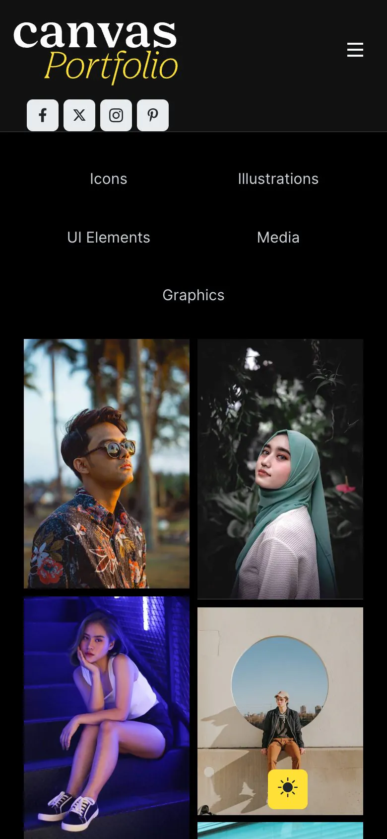 The Portfolio demo home page on a phone, with the category filter above the works grid