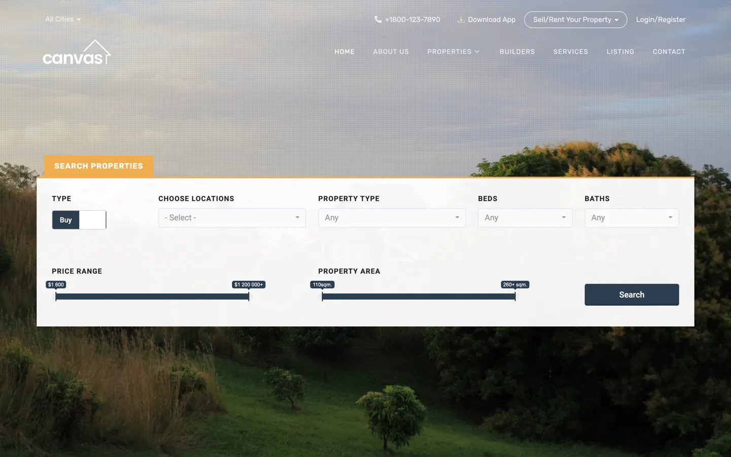 The Real Estate demo home page, with the property search panel over the hero image