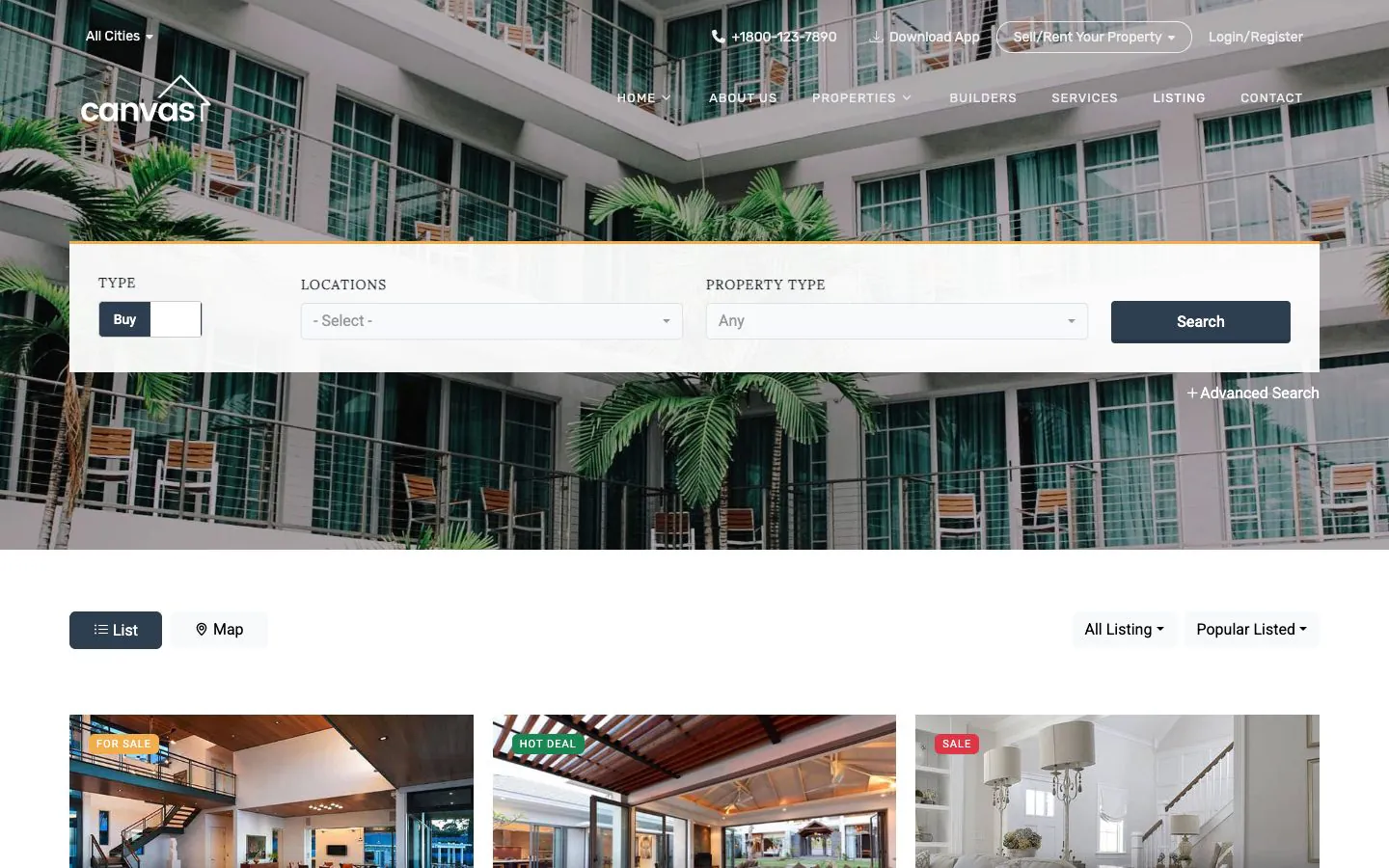 The listing page of the Canvas Real Estate demo, with the property search band over the hero and a grid of property cards below it