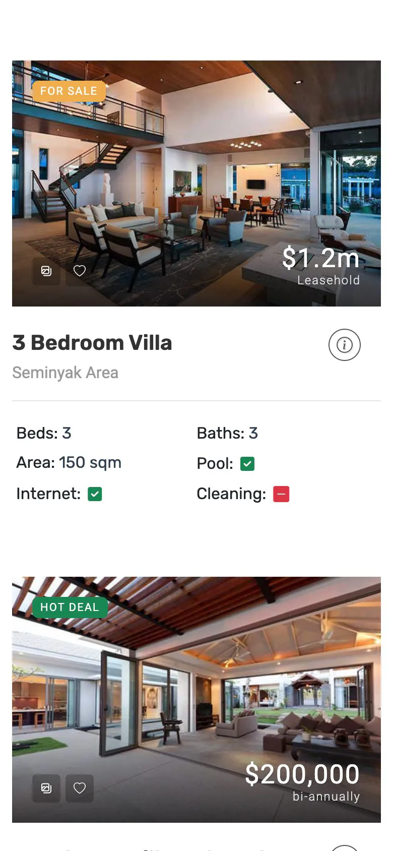 The Listing page of the Real Estate demo on a phone, showing property cards with price, bedrooms, bathrooms and floor area