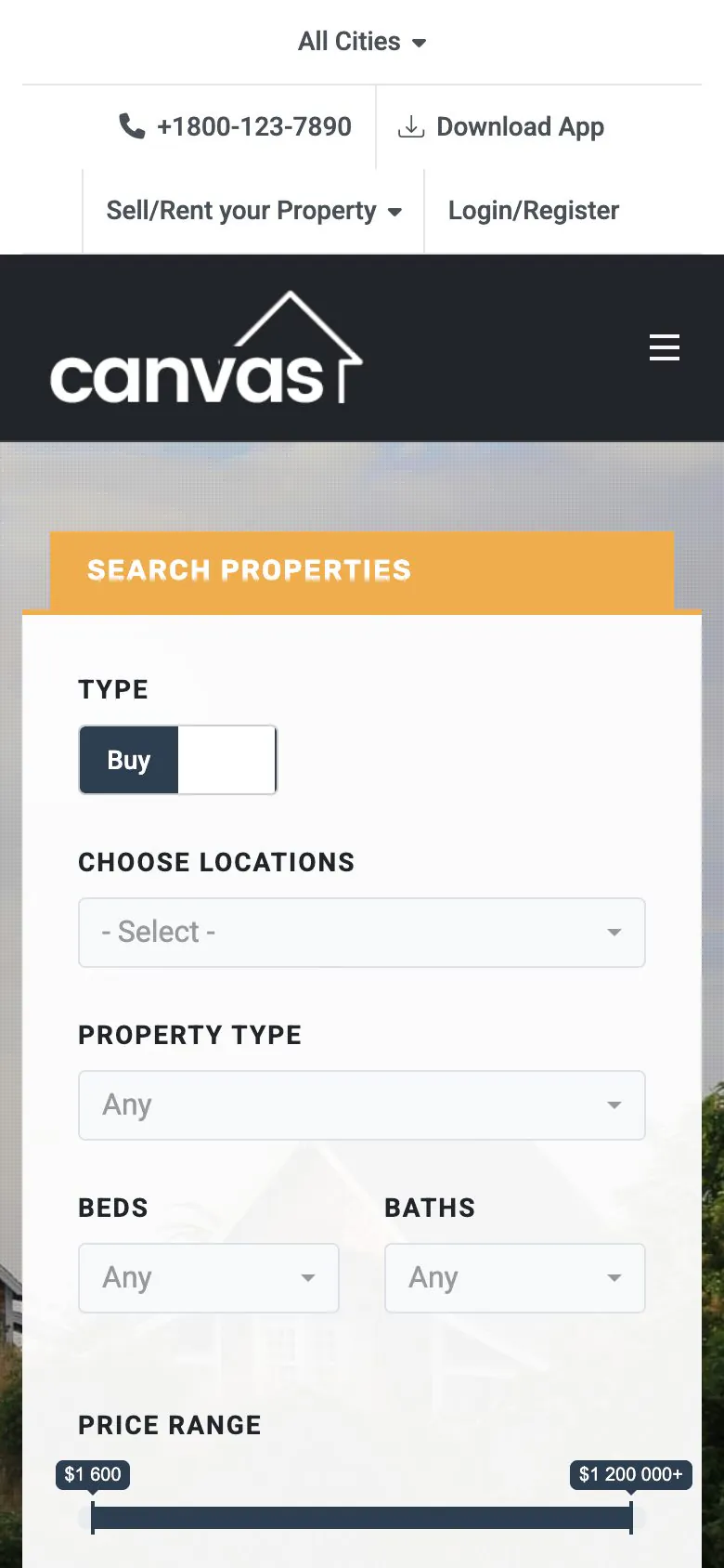 The Real Estate demo home page on a phone, with the property search panel