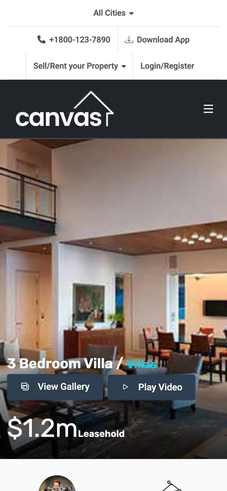 A property page of the Canvas Real Estate demo on a phone, showing the property name, its type, the gallery and video buttons and the price with its period