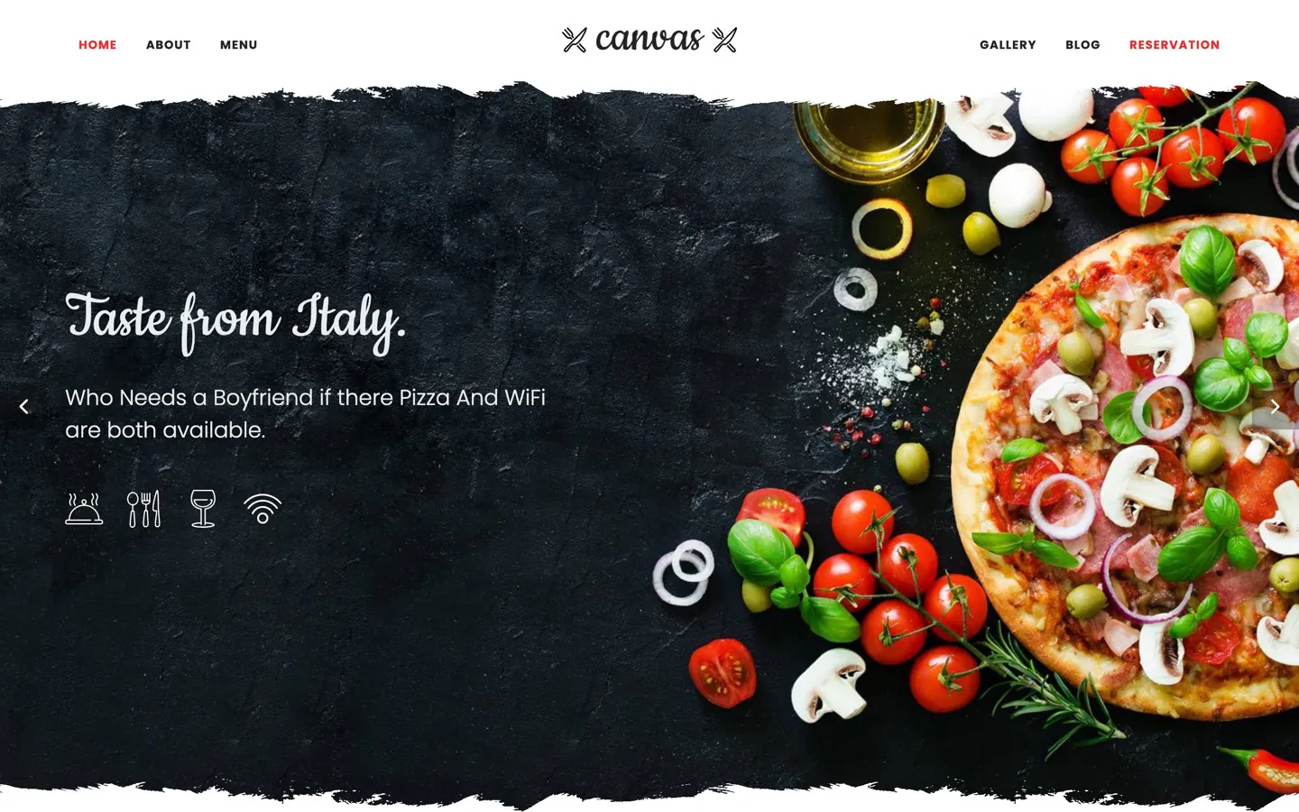 The home page of the Italian Restaurant demo, with a full width food photograph, the restaurant name and a booking button
