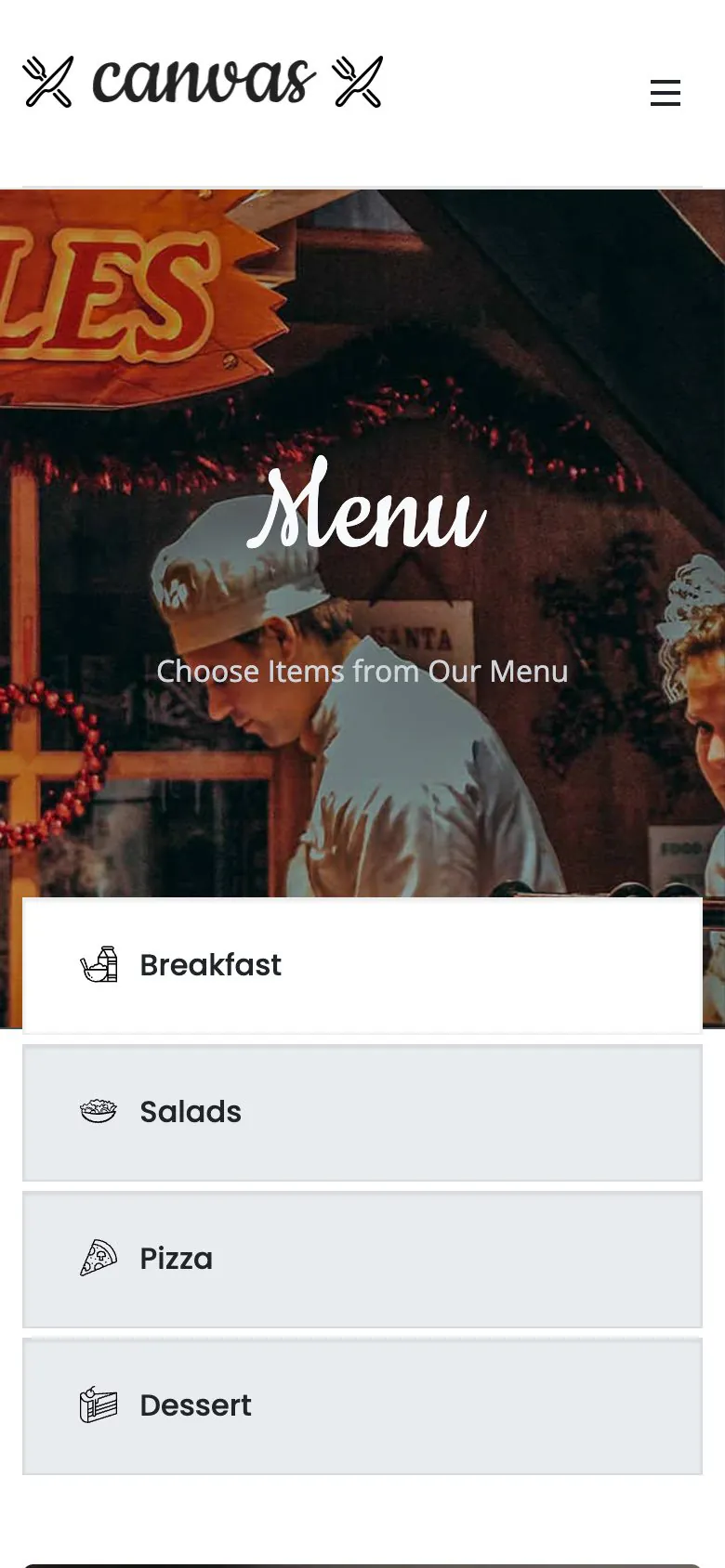 The Italian Restaurant demo menu page on a phone, listing dishes with photos and prices