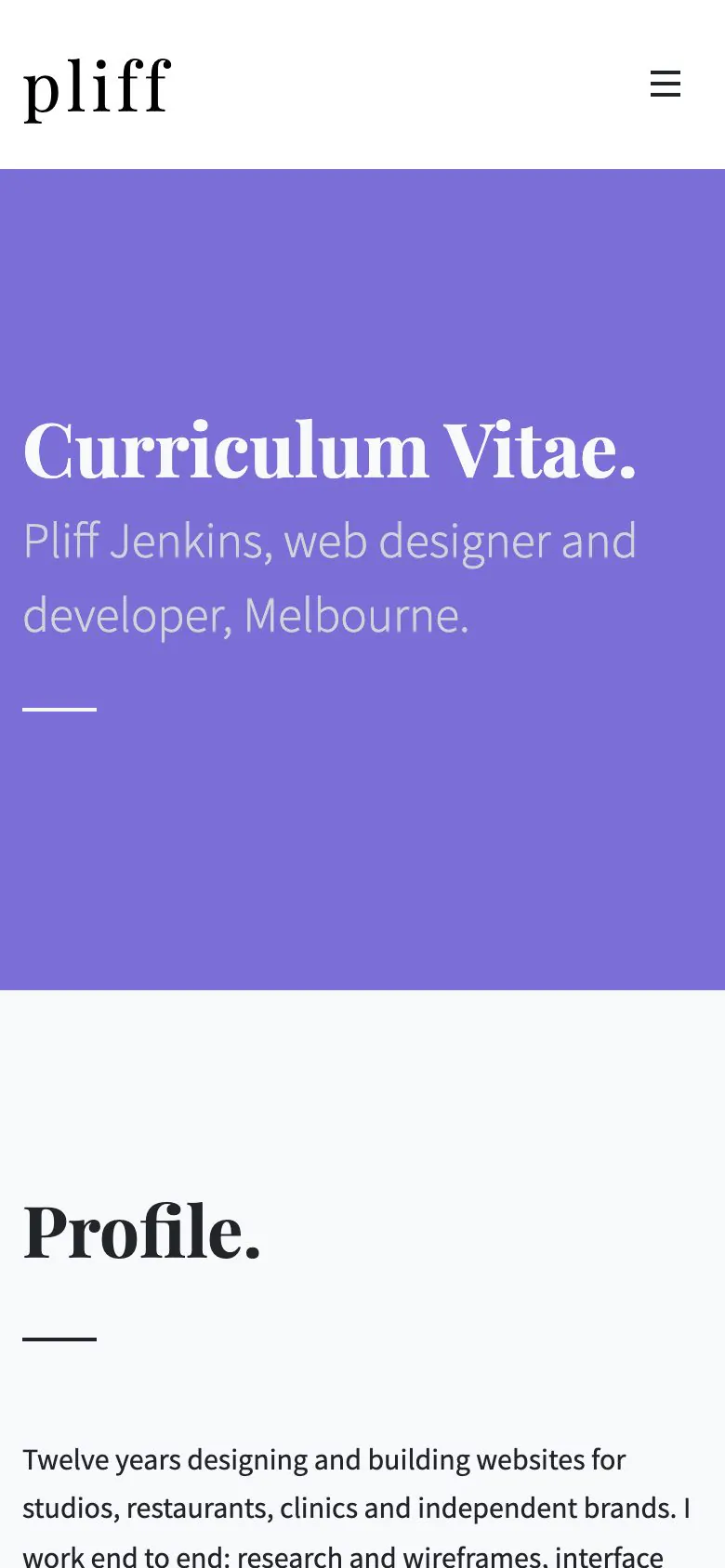The Pliff Jenkins demo curriculum vitae page on a phone, showing the profile section
