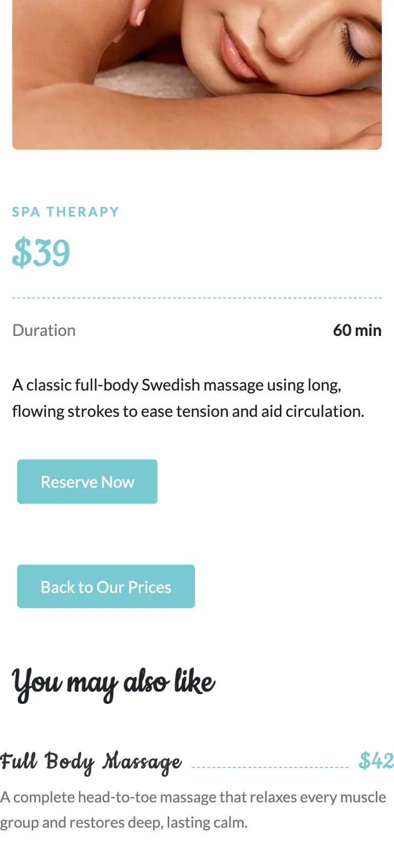 A treatment page in the Spa demo on a phone, showing the category, price, duration, description and reserve button