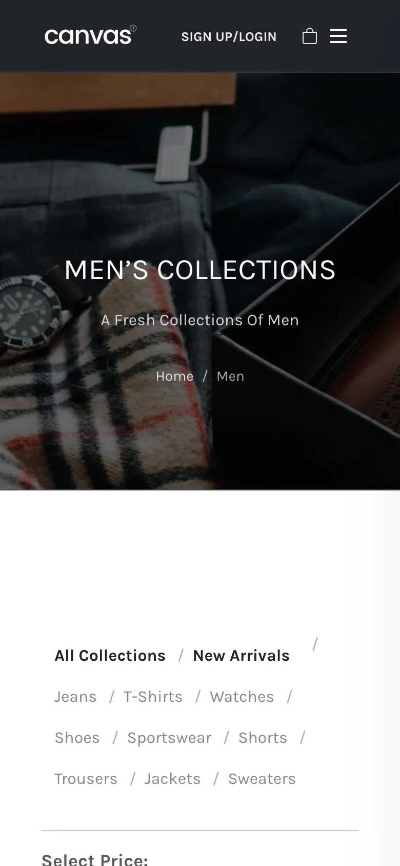 The Clothing Store demo Men's Collections page on a phone, showing the category filter and the price range filter above the product grid
