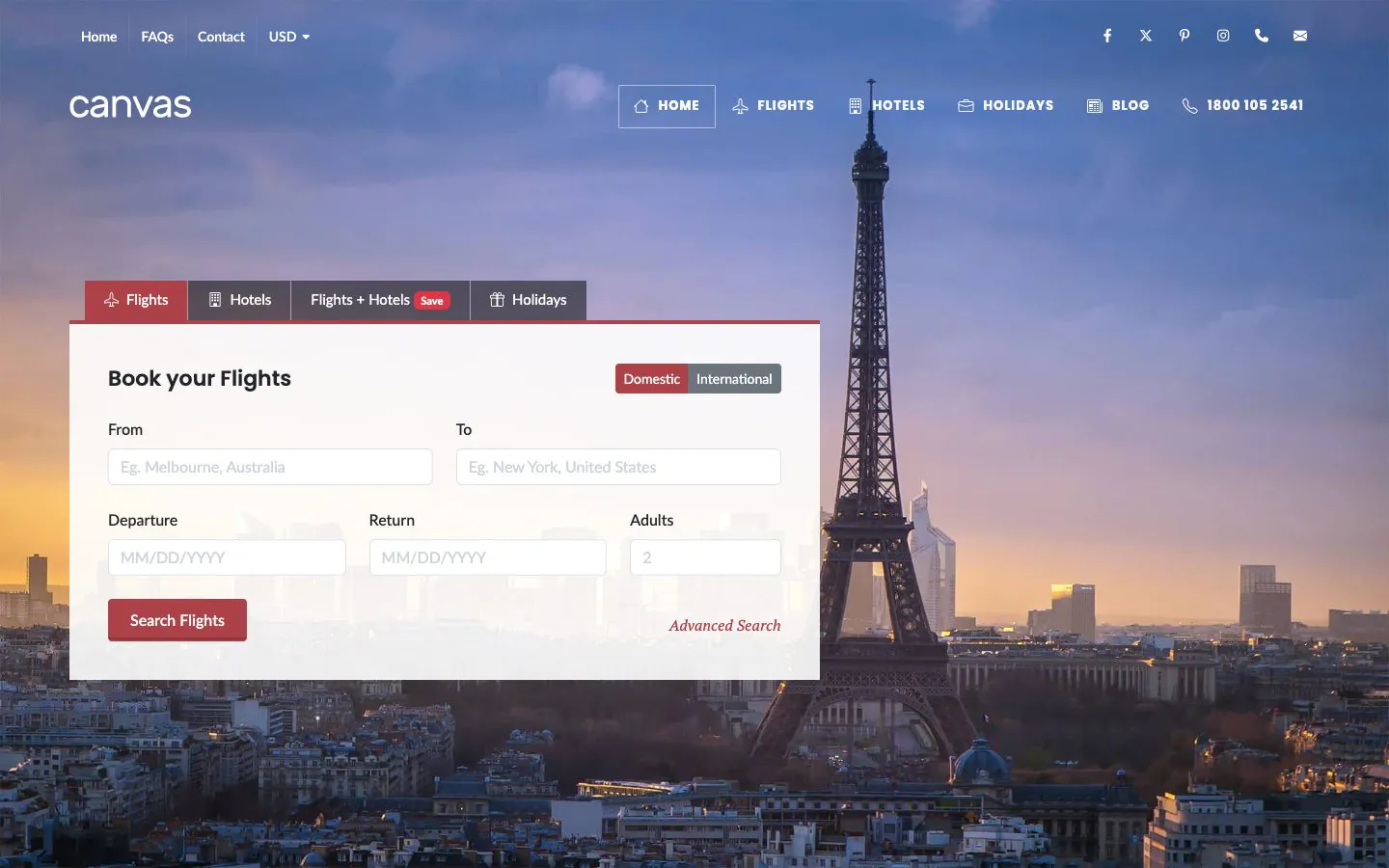 The Travel demo home page, with the flights, hotels and holidays booking panel sitting over the hero photograph